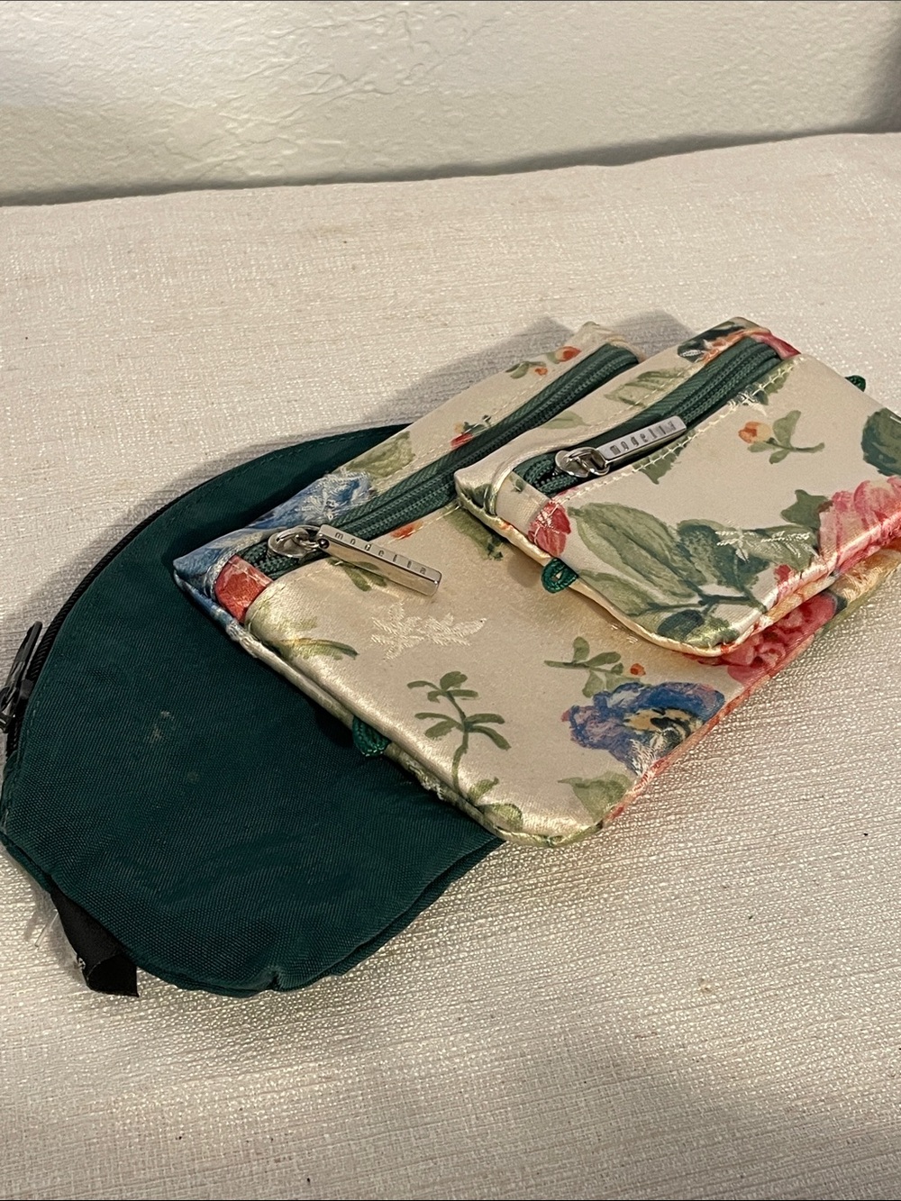Floral Satin Pouch in Cream and Green Organizer Flat Small